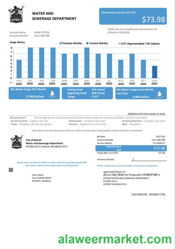 USA Ohio City of Detroit water utility bill template in Word and PDF format